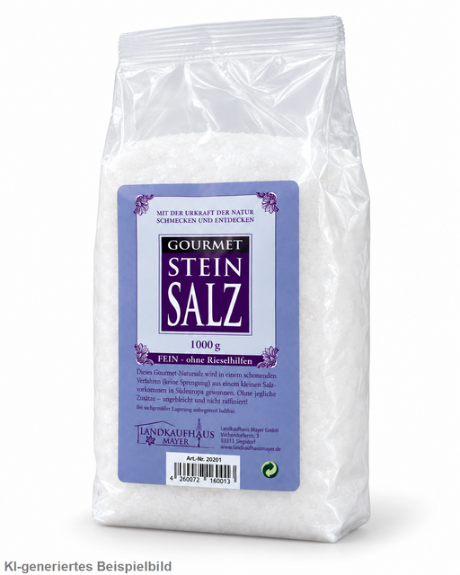 Gourmet Steinsalz 1000 g im transparenten Standbeutel mit violettem Etikett, leicht schräg von rechts auf weißem Hintergrund fotografiert.