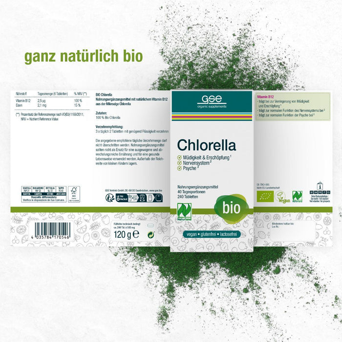 GSE Bio Chlorella Verpackungsansicht mit Produktinformationen, Zutaten, Nährwertangaben, Verzehrempfehlung sowie Bio-, Naturland- und Vegan-Kennzeichnung.
