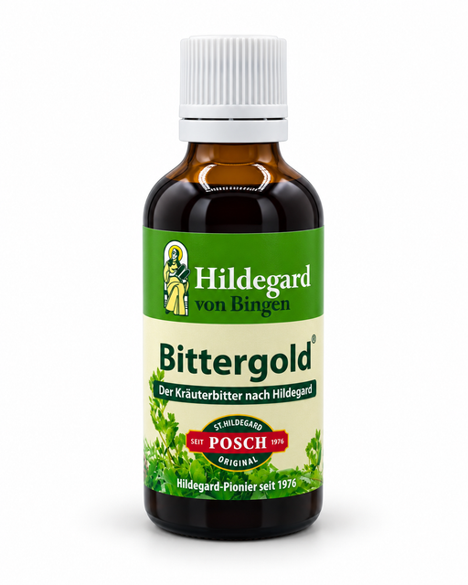 Hildegard von Bingen Bittergold Kräuterbitter 50 ml in brauner Glasflasche mit weißem Verschluss und grünem Etikett vor hellem Hintergrund.