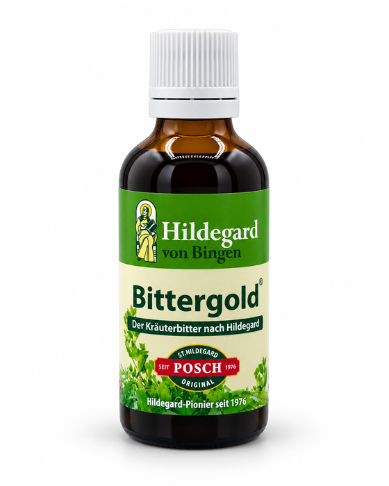 Hildegard von Bingen Bittergold Kräuterbitter 50 ml in brauner Glasflasche mit weißem Verschluss und grünem Etikett vor hellem Hintergrund.
