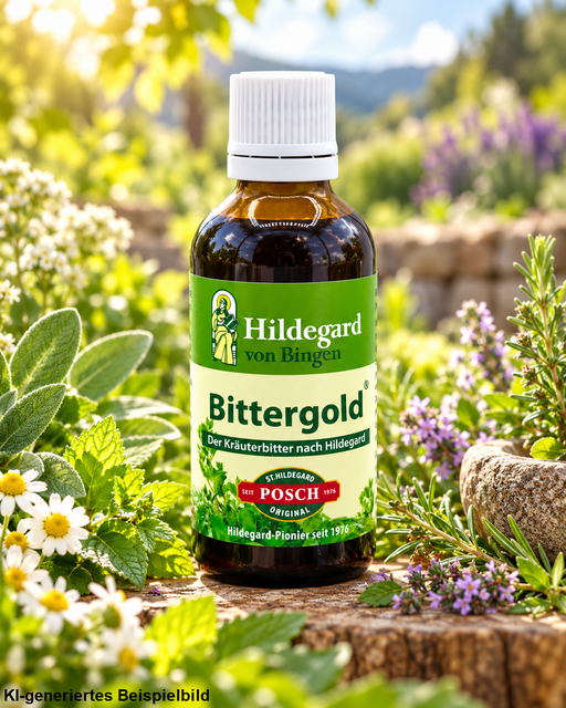 Hildegard von Bingen Bittergold Kräuterbitter 50 ml, umgeben von Salbei, Minze, Rosmarin, weißen und violetten Blüten in einem sonnigen Kräutergarten.