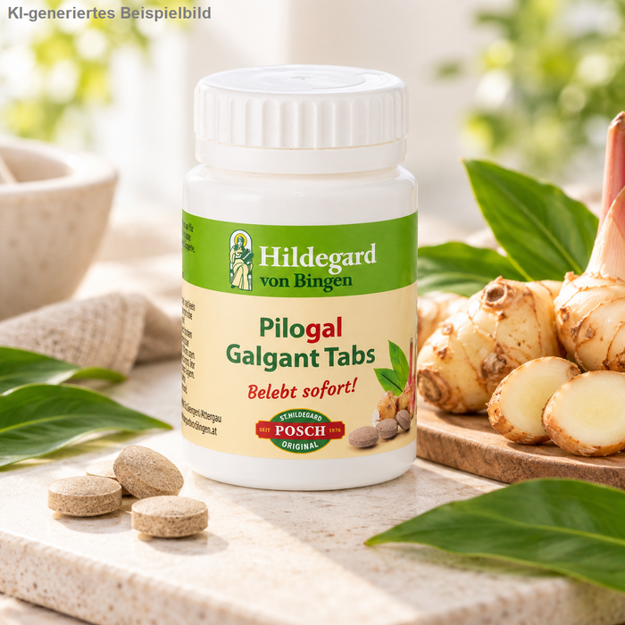 Hildegard von Bingen Pilogal Galgant Tabs von Posch mit frischer Galgantwurzel, grünen Blättern und Tabletten in einem natürlichen Produktstillleben.