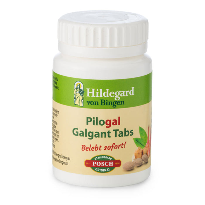 Hildegard von Bingen Pilogal Galgant Tabs von Posch in weißer Dose mit grün-beigem Etikett auf weißem Hintergrund.