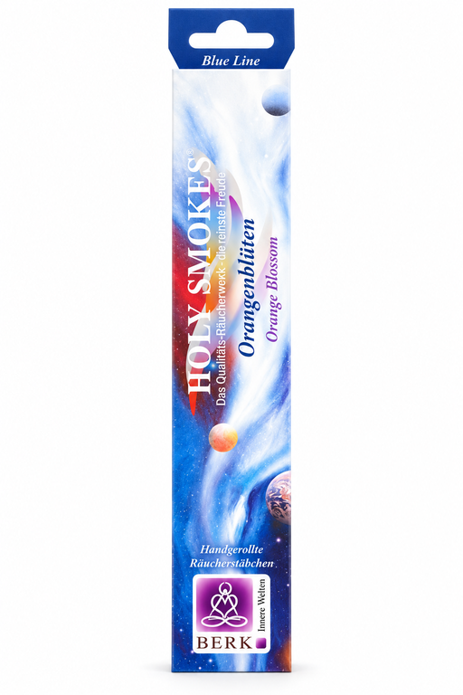 Holy Smokes Orangenblüten Räucherstäbchen aus der Blue Line von Berk in blau-weißer Verpackung mit violetten Akzenten und Weltraummotiv, freigestellt vor weißem Hintergrund.