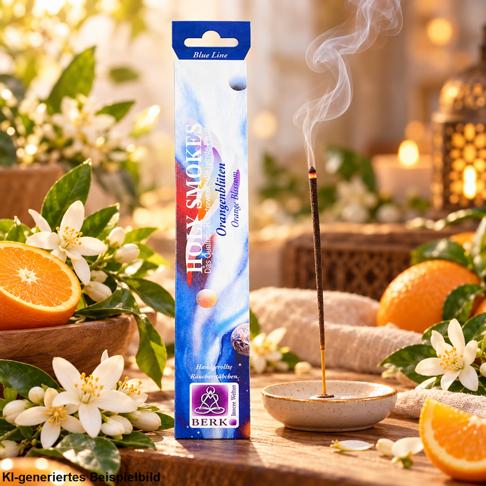 Holy Smokes Orangenblüten Räucherstäbchen von Berk in blau-weißer Verpackung neben einem glimmenden Räucherstäbchen in einer hellen Räucherschale, umgeben von frischen Orangen, weißen Orangenblüten und warmem Kerzenschein.