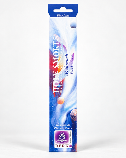 Holy Smokes Weihrauch Räucherstäbchen von Berk in der Blue-Line-Verpackung als freigestelltes Produktbild vor hellem Hintergrund.