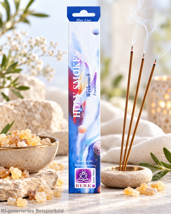 Holy Smokes Weihrauch Räucherstäbchen von Berk mit drei glimmenden Räucherstäbchen, Weihrauchharz und Räucherschale in heller, harmonischer Wellness-Inszenierung.