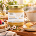 Imkergut Manuka Honig 250 g im Glas auf rustikalem Holztisch, arrangiert mit frischem Beerenbrot, einer Tasse Tee, Manukablüten und einem Holzlöffel mit cremigem Honig.