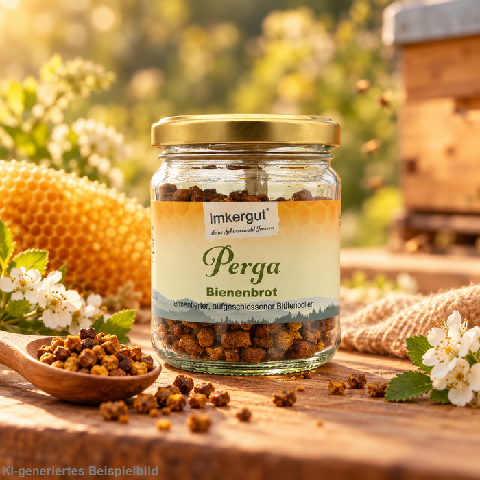 Imkergut Perga Bienenbrot 100 g im Glas mit goldenem Schraubdeckel auf rustikalem Holztisch, umgeben von goldenen Bienenwaben, weißen Blüten und einem Holzlöffel mit Perga Granulat im warmen Sonnenlicht.