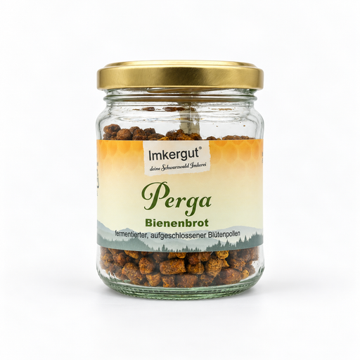 Imkergut Perga Bienenbrot 100 g aus fermentierten Blütenpollen in einem transparenten Glas mit goldenem Schraubdeckel und gelb-grünem Originaletikett, freigestellt vor weißem Hintergrund.