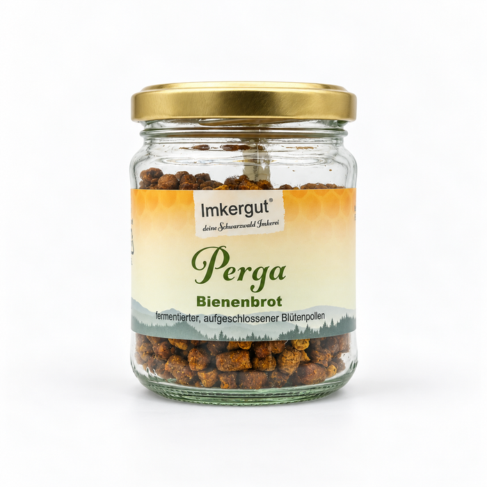Imkergut Perga Bienenbrot 100 g aus fermentierten Blütenpollen in einem transparenten Glas mit goldenem Schraubdeckel und gelb-grünem Originaletikett, freigestellt vor weißem Hintergrund.