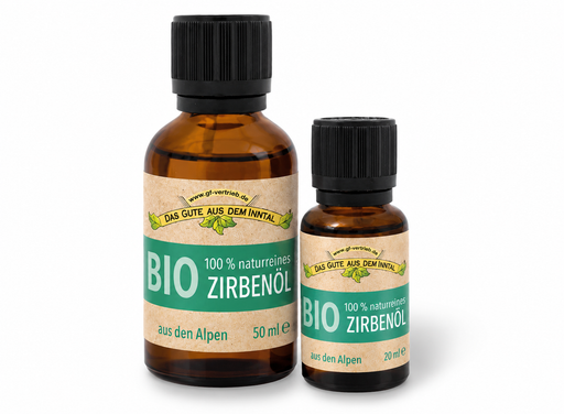 Inntaler Bio Zirbenöl in den Größen 20 ml und 50 ml, zwei Braunglasflaschen mit schwarzen Schraubverschlüssen und naturfarbenen Etiketten mit grüner Beschriftung, gemeinsam vor weißem Hintergrund.
