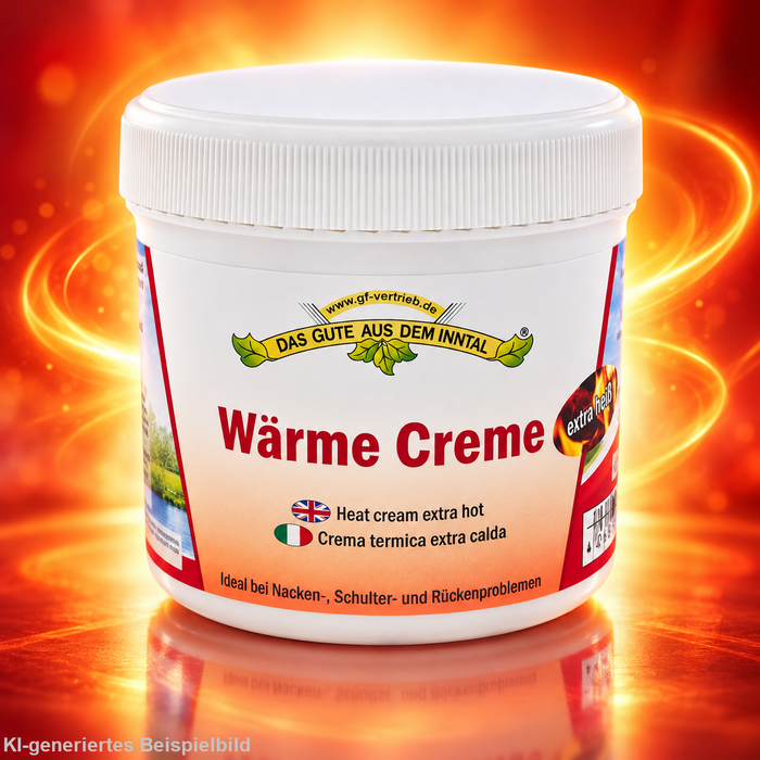 Inntaler Wärme Creme extra heiß im neuen Design vor leuchtend orange-rotem Hintergrund mit strahlenden Wärmewellen und feurigen Lichteffekten.