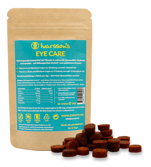 Ivarsson's Eye Care Lutschtabletten freigestellt vor weißem Hintergrund.
