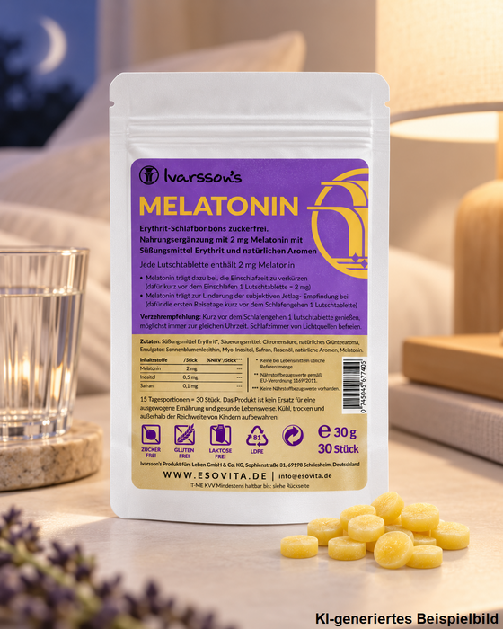 Ivansson’s Melatonin Schlafbonbons im weißen Standbeutel mit gelben Lutschtabletten in einer gemütlichen Schlafzimmerszene mit Glas Wasser und Lampe.