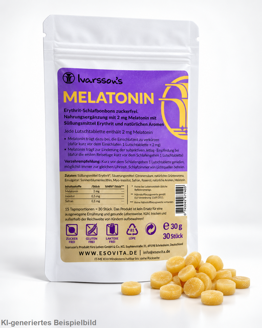 Ivansson’s Melatonin Schlafbonbons im weißen Standbeutel mit mehreren gelben Lutschtabletten vor dem Produkt auf hellem Hintergrund.