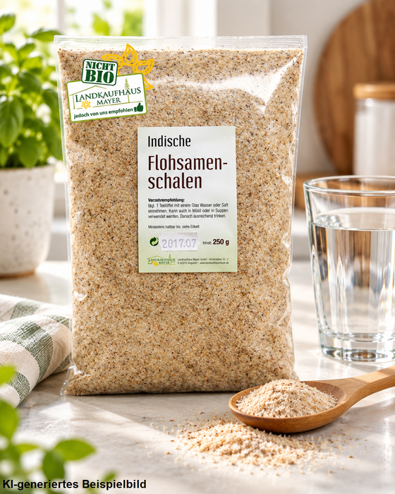 Landkaufhaus Mayer Indische Flohsamenschalen 250 g auf heller Küchenarbeitsplatte mit einem Glas Wasser und einem Holzlöffel voller Flohsamenschalen.