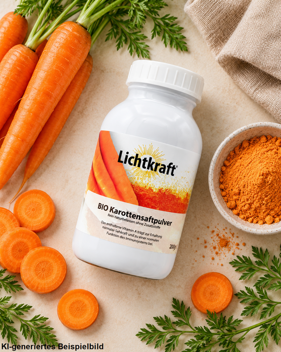 Lichtkraft Bio Karottensaftpulver 200 g in einer hellen Flatlay-Aufnahme mit frischen Karotten, Karottenscheiben, Karottengrün und einer Schale mit orangefarbenem Karottenpulver.