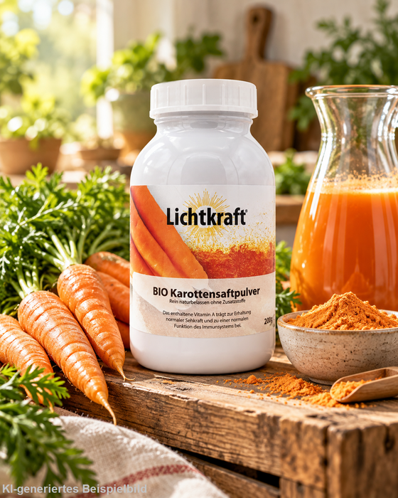 Lichtkraft Bio Karottensaftpulver 200 g im natürlichen Landhausstil mit frischen Karotten, Karottenpulver und einer Karaffe mit Karottensaft auf rustikalem Holztisch.