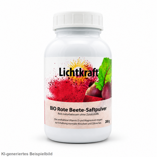 Lichtkraft Bio Rote Beete-Saftpulver 200 g in weißer Dose, freigestellt auf weißem Hintergrund.