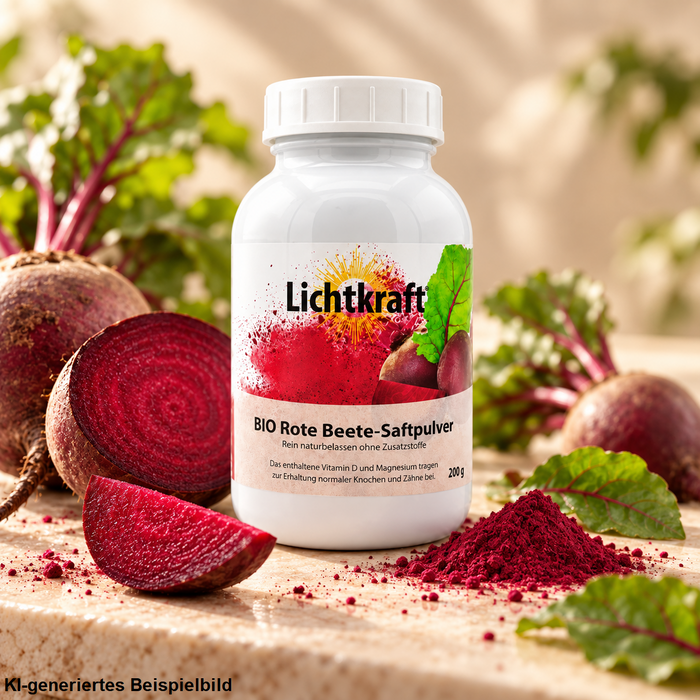 Lichtkraft Bio Rote Beete-Saftpulver 200 g in weißer Dose auf heller Fläche mit frischer Roter Bete, Rote-Bete-Scheiben und Pulver im natürlichen Stillleben.