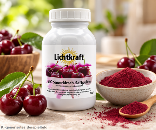 Lichtkraft Bio Sauerkirsch-Saftpulver 200 g mit frischen Sauerkirschen, grünen Blättern und einer Schale mit dunkelrotem Sauerkirschpulver in heller natürlicher Umgebung.
