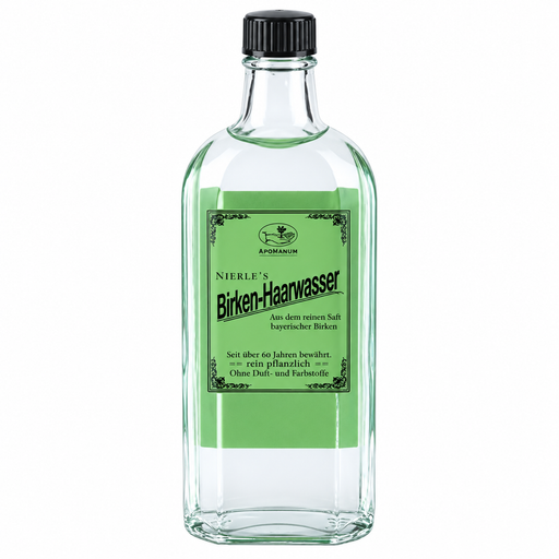 Nierle’s Birken-Haarwasser in klarer Glasflasche mit schwarzem Schraubverschluss und grünem Etikett, freigestellt vor weißem Hintergrund.