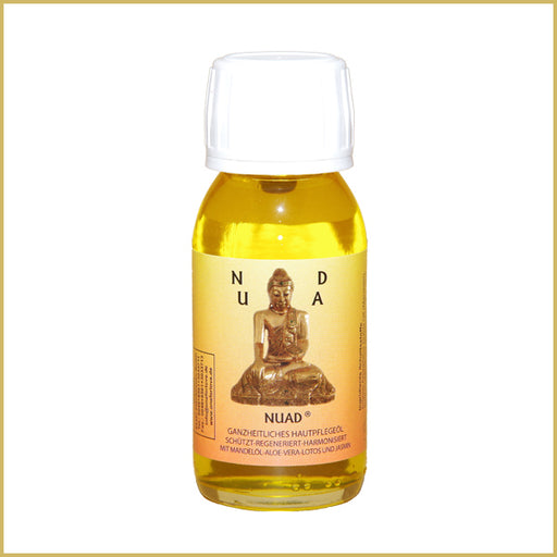 NUAD Öl ganzheitliches naturreines Hautpflegeöl in 60-ml-Flasche mit weißem Verschluss und goldgelbem Pflegeöl vor hellem Hintergrund.