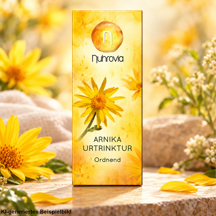 Nuhrovia Arnika Urtrinktur 20 ml auf hellem Naturstein, umgeben von gelben Arnikablüten, Blütenblättern und sanftem Sonnenlicht in warmem Naturambiente.