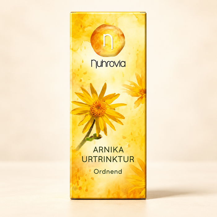 Nuhrovia Arnika Urtrinktur 20 ml in gelber Verpackung mit Arnikablütenmotiv vor schlichtem, cremefarbenem Hintergrund.