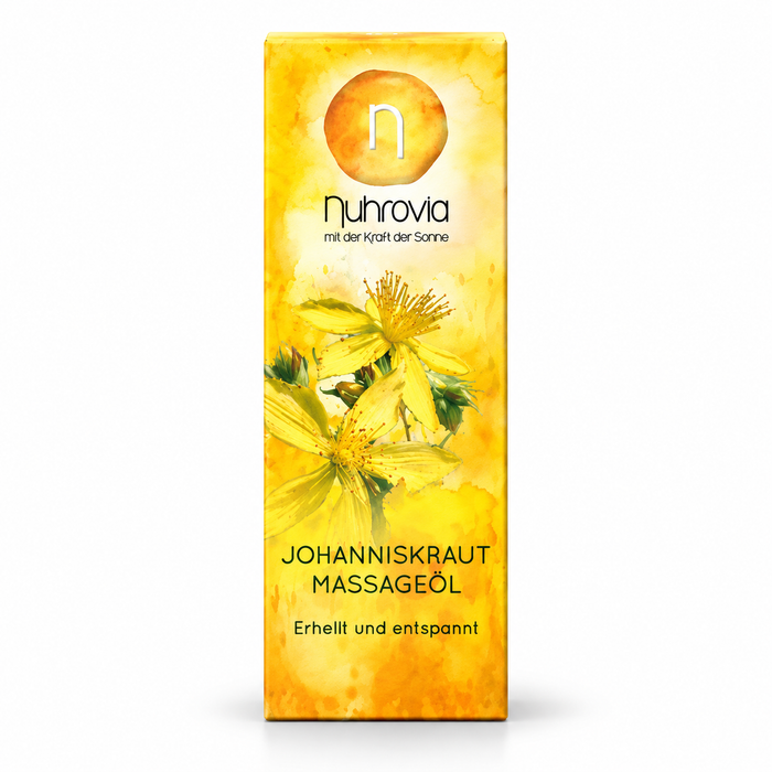 Nuhrovia Johanniskraut Massageöl 50 ml in gelb-oranger Verpackung mit Johanniskrautblütenmotiv, freigestellt vor weißem Hintergrund.