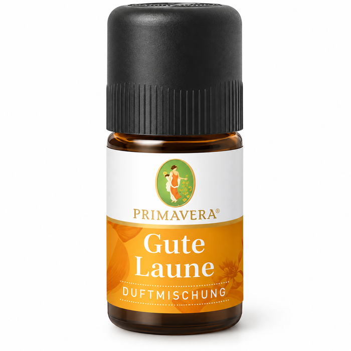 Primavera Gute Laune Duftmischung in brauner Glasflasche mit schwarzem Verschluss und orangefarbenem Etikett, freigestellt vor weißem Hintergrund.