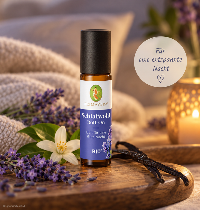 PRIMAVERA Schlafwohl Roll On bio 10 ml mit Lavendel und Vanille in entspannter Abendszene