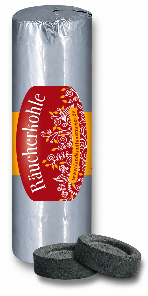 Räucherkohle in silberner Verpackung mit rotem Etikett