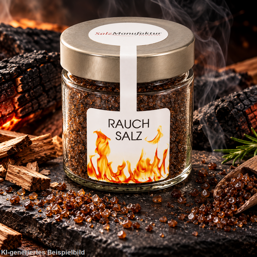 Rauchsalz im Glas mit Metalldeckel, dekoriert mit groben dunkelbraunen Salzkristallen, Holzstücken und glühender Holzkohle in rauchigem Grillambiente.