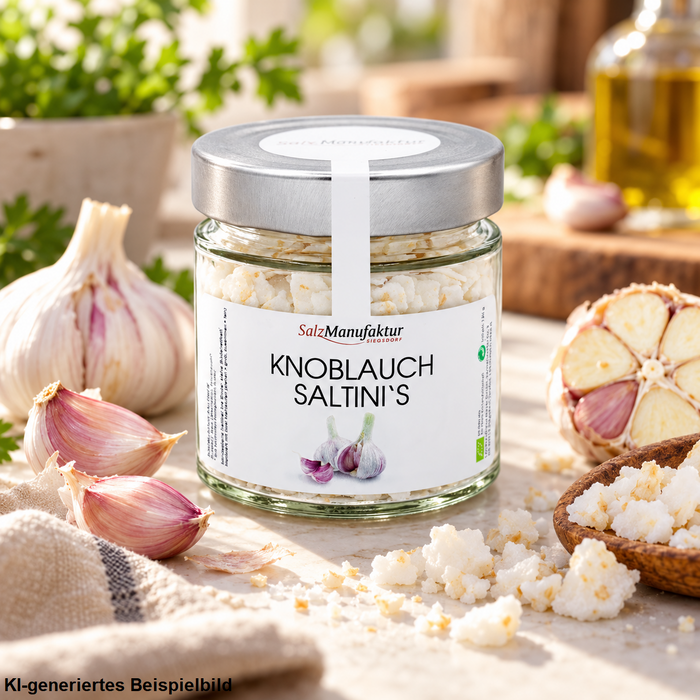 SalzManufaktur Knoblauch Saltini's im Glas in heller Küchenszene mit Knoblauchzehen, Salzstücken und Schale im Hintergrund.