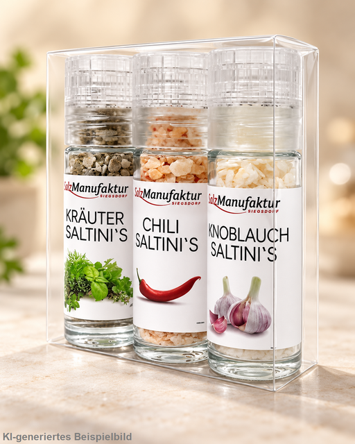 SalzManufaktur Siegsdorf Saltini’s 3er Set mit Kräuter-, Chili- und Knoblauch-Salzflocken in transparenter Geschenkbox auf hellem Naturstein vor warmem Hintergrund.