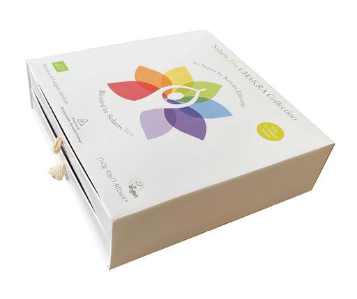 Geschlossene Solaris Chakra Collection Geschenkbox mit farbigem Blütenmotiv