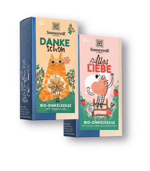 Alles Liebe und Dankeschön Dinkelkekse freigestellt vor weißem Hintergrund.