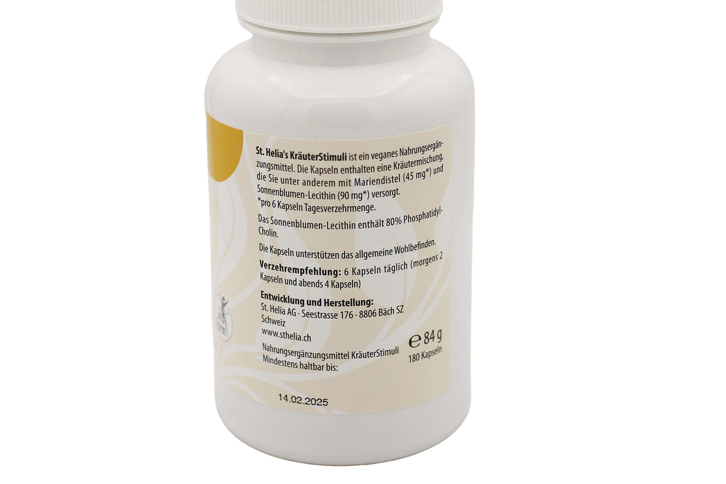 Rückseite der St. Helia KräuterStimuli Dose mit Produktangaben und Verzehrempfehlung