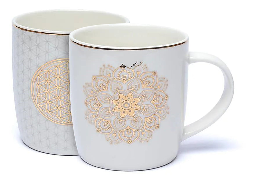 Teetassen in den Motiven Mandala und Blume des Lebens