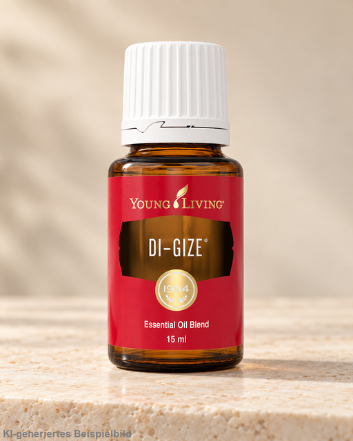 Young Living Di-Gize Essential Oil Blend 15 ml in brauner Glasflasche mit weißem Verschluss auf hellem Naturstein vor warmem, neutralem Hintergrund.