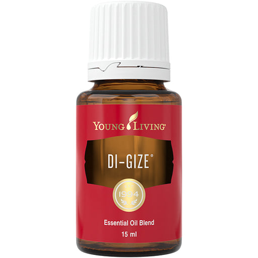 Young Living Di-Gize Essential Oil Blend 15 ml als freigestelltes Produktbild in brauner Glasflasche mit weißem Verschluss vor hellem Hintergrund.