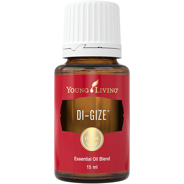 Young Living Di-Gize Essential Oil Blend 15 ml als freigestelltes Produktbild in brauner Glasflasche mit weißem Verschluss vor hellem Hintergrund.