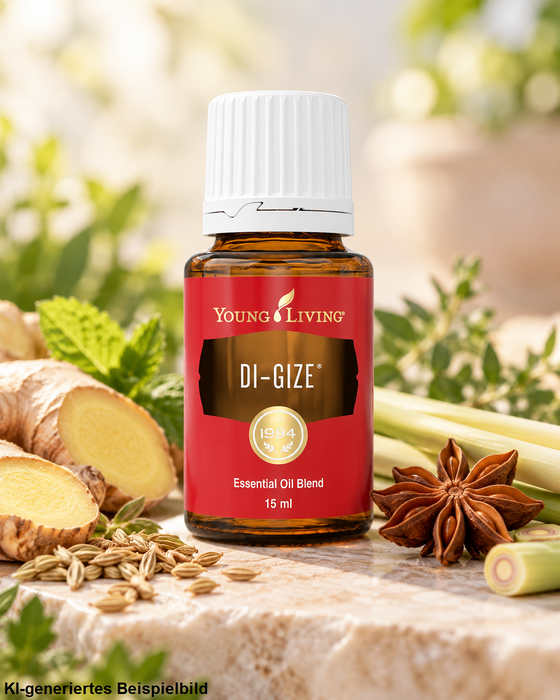 Young Living Di-Gize Essential Oil Blend 15 ml, dekoriert mit Ingwer, Sternanis, Fenchelsamen, Zitronengras und frischen Kräutern auf hellem Naturstein.