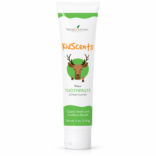 Young Living KidScents Slique Zahnpasta 114 g mit Zitrusgeschmack in schmaler weißer Tube mit grünem und orangefarbenem Originaletikett, Hirschmotiv und weißem Klappverschluss, freigestellt vor weißem Hintergrund.