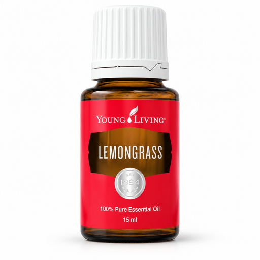 Young Living Lemongrass ätherisches Öl 15 ml in einer braunen Glasflasche mit weißem Schraubverschluss und rotem Etikett, freigestellt auf weißem Hintergrund.
