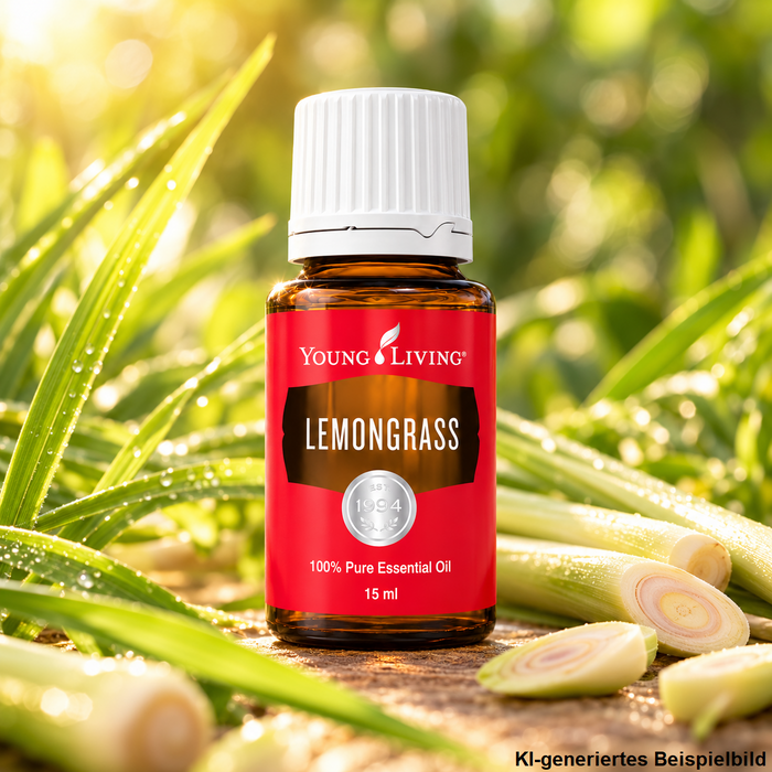 Young Living Lemongrass ätherisches Öl 15 ml mit silbernem 1994-Emblem auf dem roten Etikett, umgeben von frischem Zitronengras und grünen Blättern im warmen Sonnenlicht.