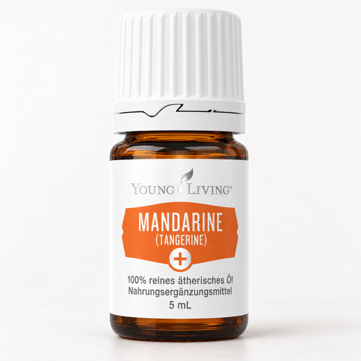Young Living Mandarine (Tangerine) ätherisches Öl 5 ml in brauner Glasflasche mit weißem Schraubverschluss und orange-weißem Etikett, freigestellt vor weißem Hintergrund.