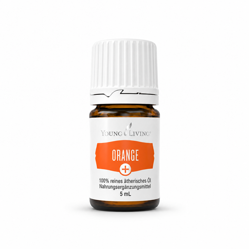 Young Living Orange ätherisches Öl 5 ml in brauner Glasflasche mit weißem Verschluss, freigestellt auf hellem Hintergrund.